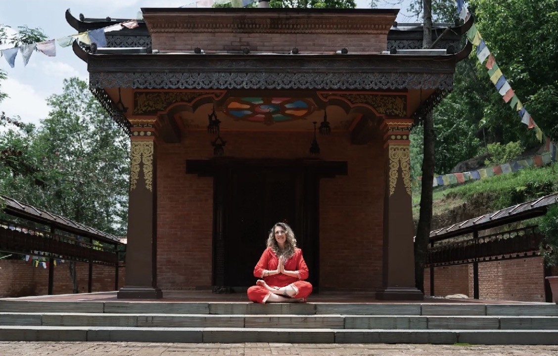 Dr. Jill Jyoti Satnam in meditation seat at a temple in Nepal